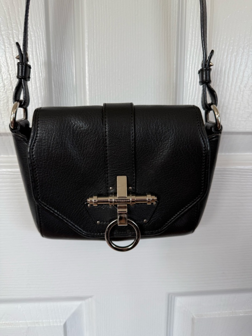 Givenchy Black Leather Crossbody with Silver-Tone Ring Lock